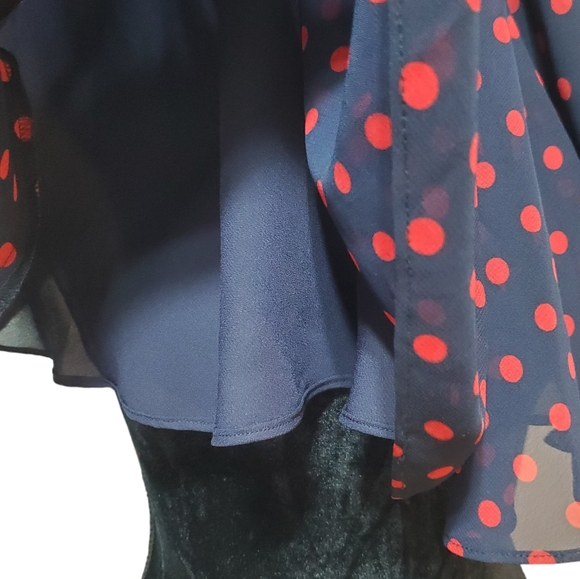 Chaps | Midi skirt solid lined sheer flare navy blue red polka dots size S - Picture 8 of 8
